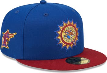 Men's New Era Royal/Red Florida Marlins Alternate Throwback Logo Primary  Jewel Gold Undervisor 59FIFTY Fitted Hat