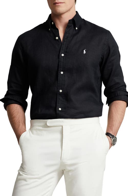 Classic Fit Linen Button-Down Shirt in Polo Black