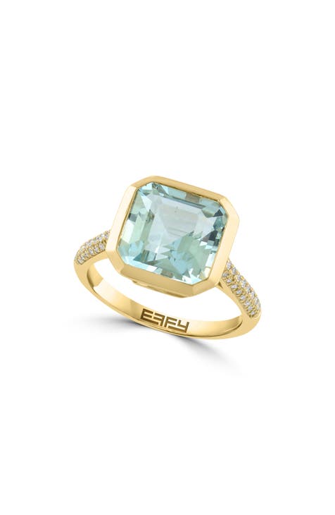 14K Yellow Gold Aquamarine & Diamond Ring - 0.18ct. - Size 7