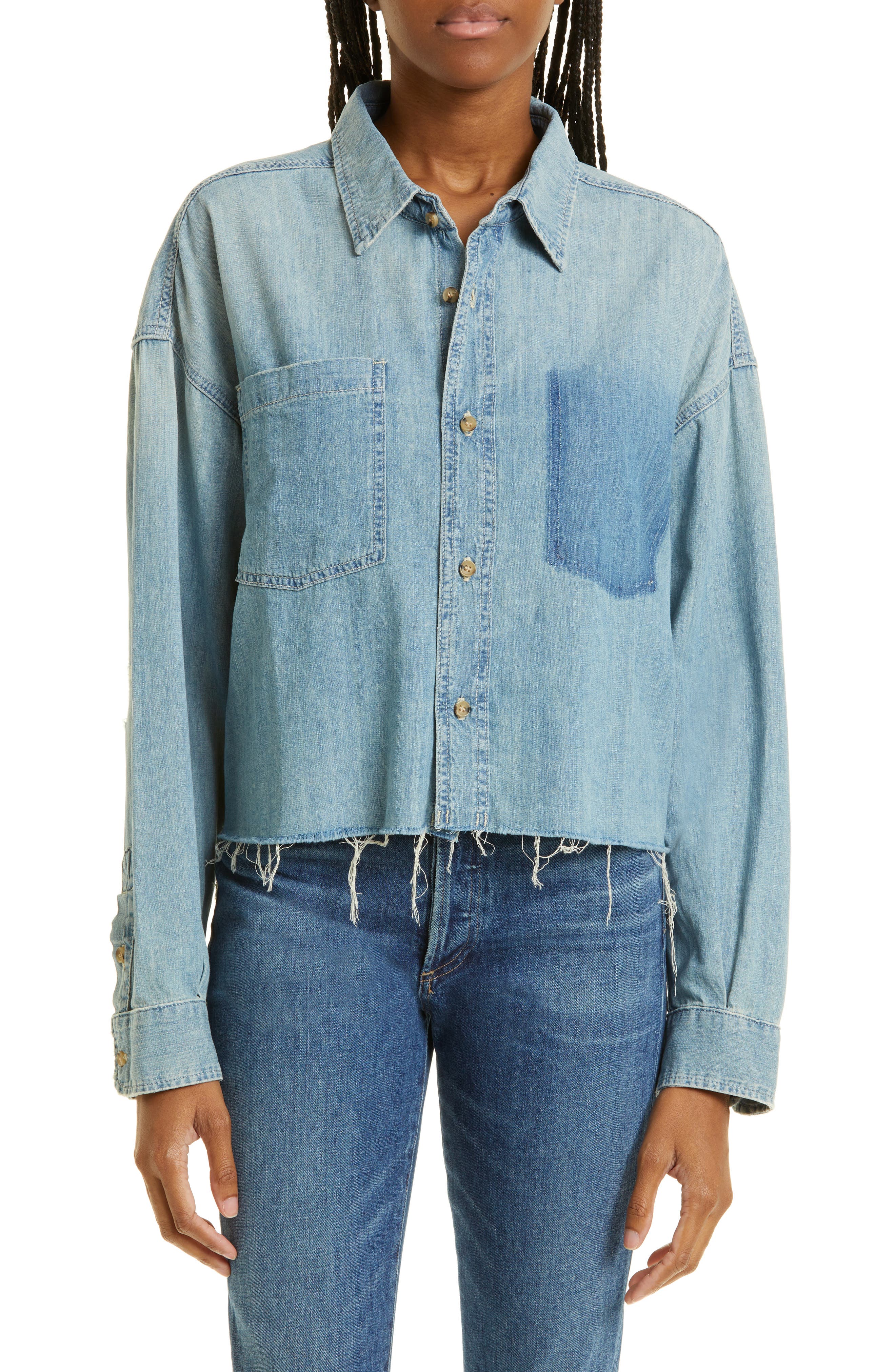 The Roomie Double Frenchie Crop Denim Shirt in Anything But Easy at Nordstrom Nordstrom Women Clothing Shirts Denim Shirts 