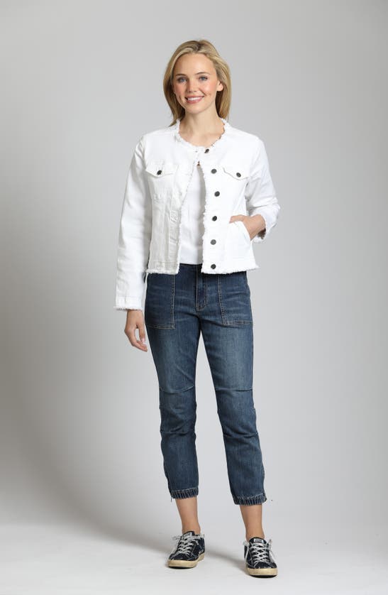 Shop Apny Frayed Collarless Denim Jacket In White