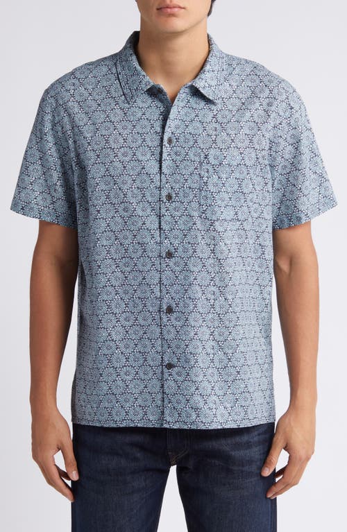 Shop Treasure & Bond Poetic Linen Blend Camp Shirt In Navy- Teal Poetic Print