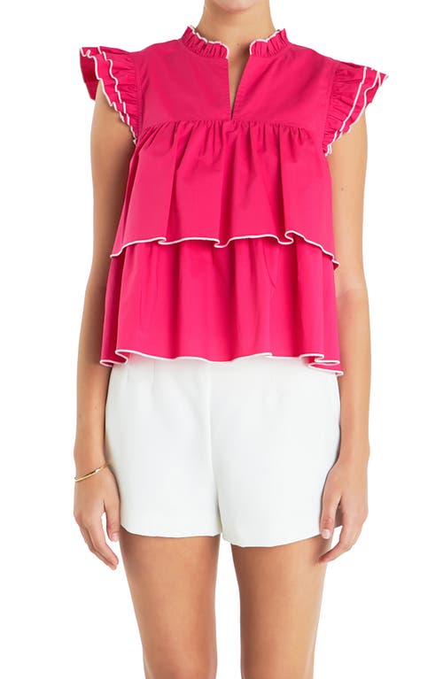 English Factory Ruffle Sleeve Tiered Cotton Top In Fuchsia