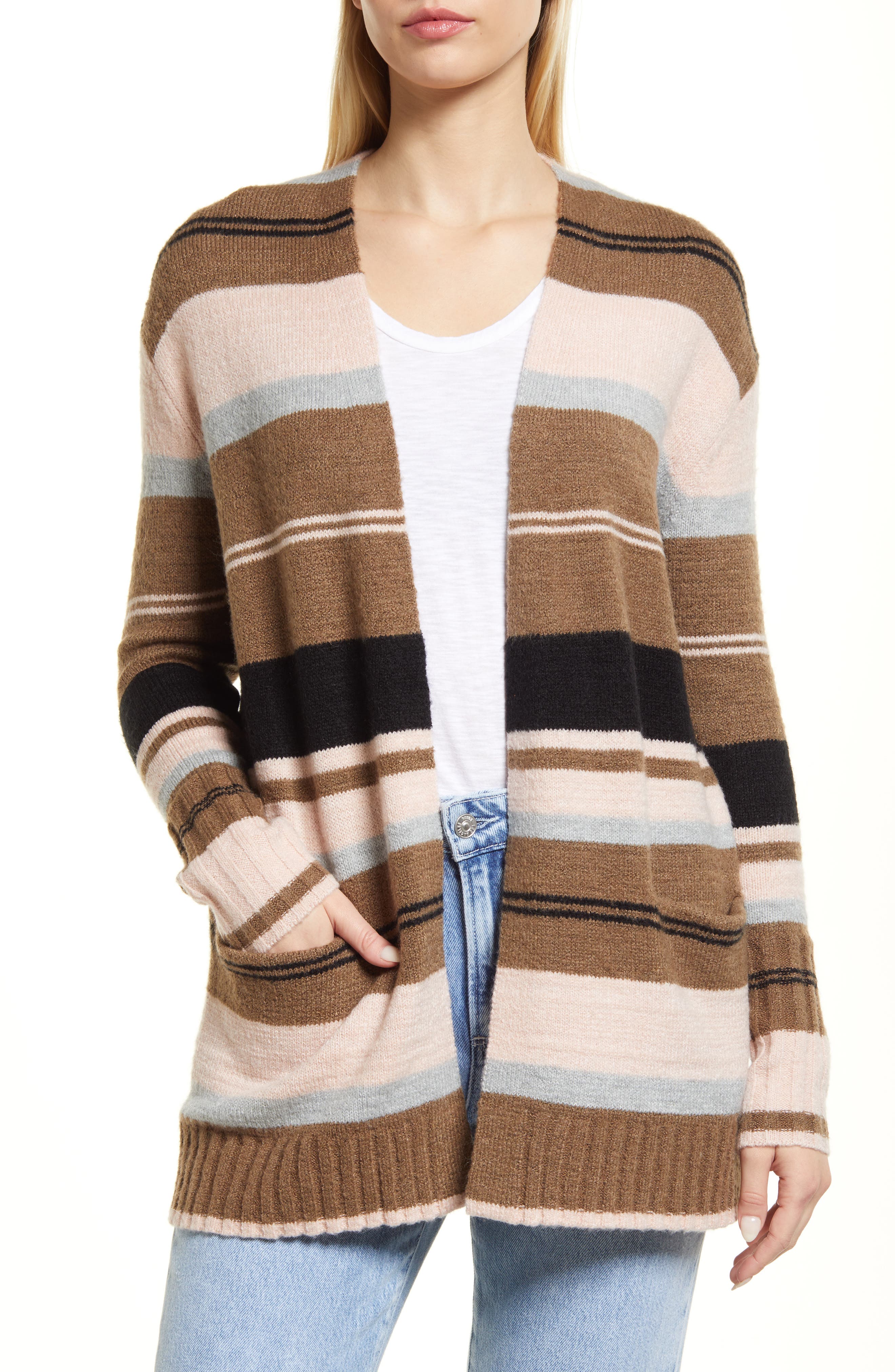 brown and white cardigan