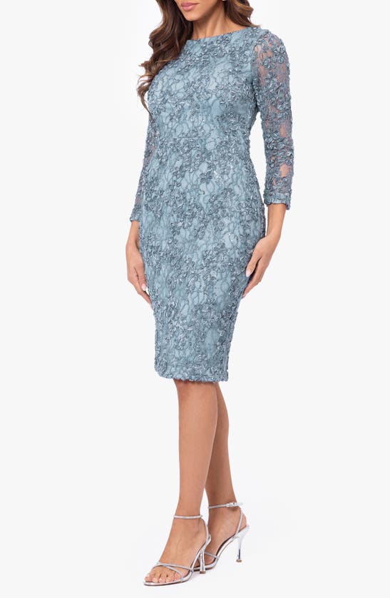 Shop Xscape Evenings Floral Long Sleeve Sequin Lace Midi Cocktail Dress In Smoke