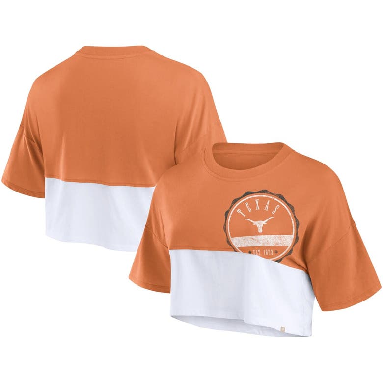 Shop Fanatics Branded Texas Orange/white Texas Longhorns Oversized Badge Colorblock Cropped T-shirt In Burnt Orange
