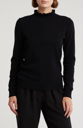 Sofia Cashmere Ruffle Mock Neck Cashmere Sweater In Black