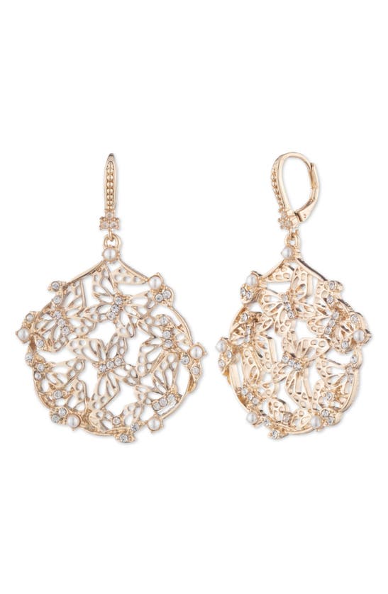 Marchesa Gold-tone Imitation Pearl Crystal Butterfly Filigree Drop Earrings