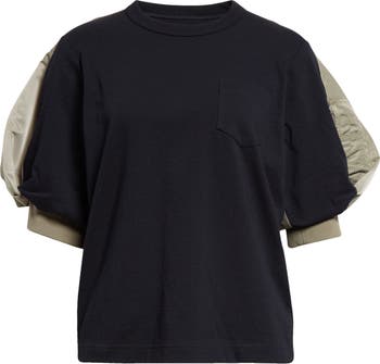 Sacai Puff Sleeve Cotton Jersey & Nylon Twill Hybrid Top | Nordstrom