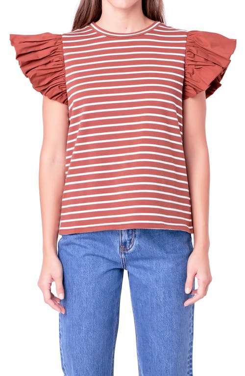 English Factory Mixed Media Stripe Ruffle Sleeve Top In Brown/white