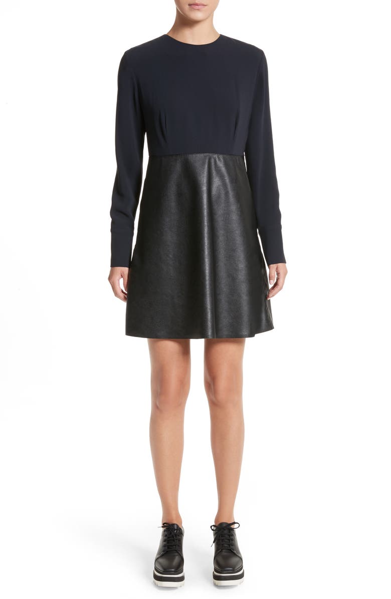 STELLA MCCARTNEY Alter Leather & Stretch Cady Dress, Main, color, MIDNIGHT