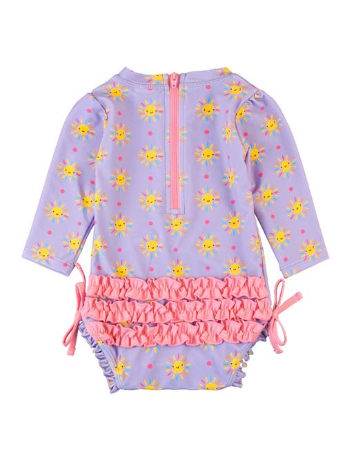 Shop Rufflebutts Toddler Girls Long Sleeve Upf50+ One Piece Rash Guard In Lavender Sunshiny Day