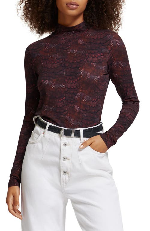 Feather Print Long Sleeve Mock Neck Top in Feather Bordeaux