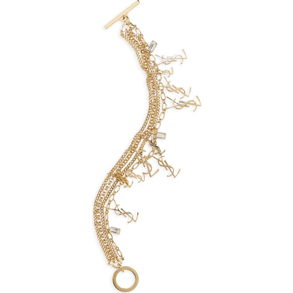 Saint Laurent Crystal & Ysl Charm Bracelet In Dore/crystal