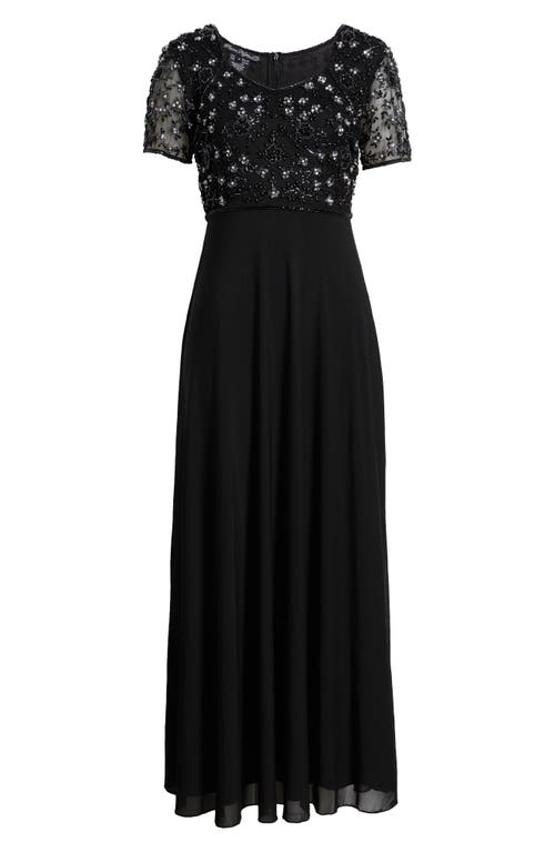 Pisarro Nights Beaded Bodice Short Sleeve Gown In Black