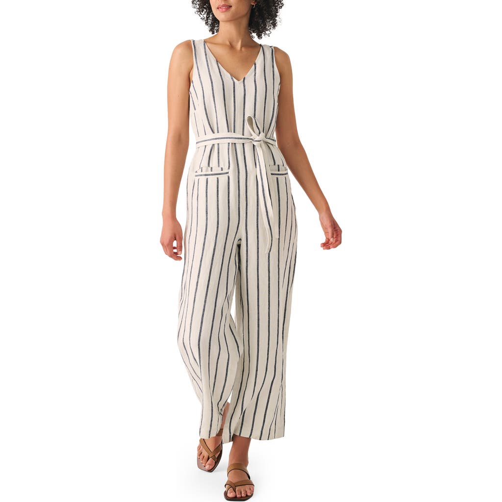 Shop Faherty Catalina Wide Leg Linen Jumpsuit In Navy/white Stripe