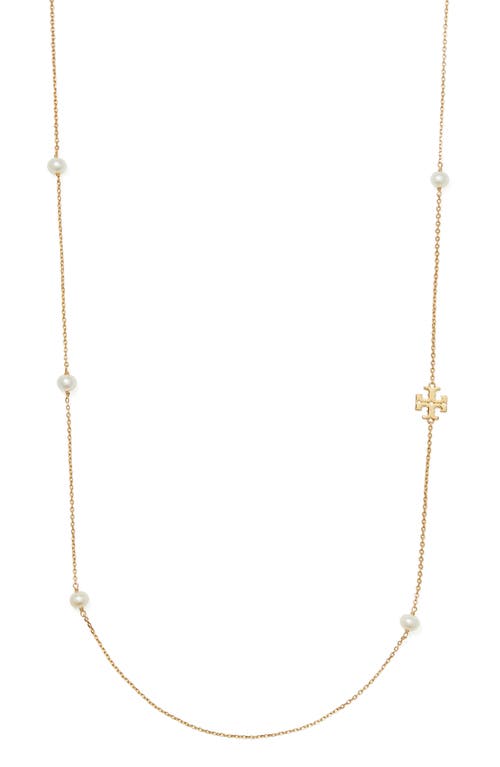 Tory Burch Kira Cultured Pearl & Logo Station Necklace in Tory Gold/Pearl at Nordstrom