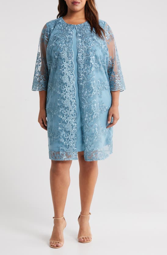 Alex Evenings Embroidered Shift Dress In Vintage Teal