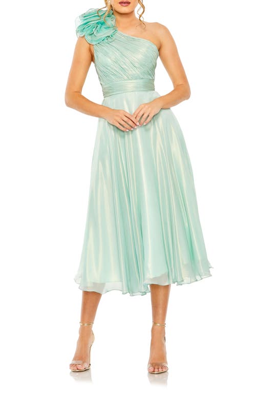Rosette One-Shoulder Iridescent A-Line Dress in Sage