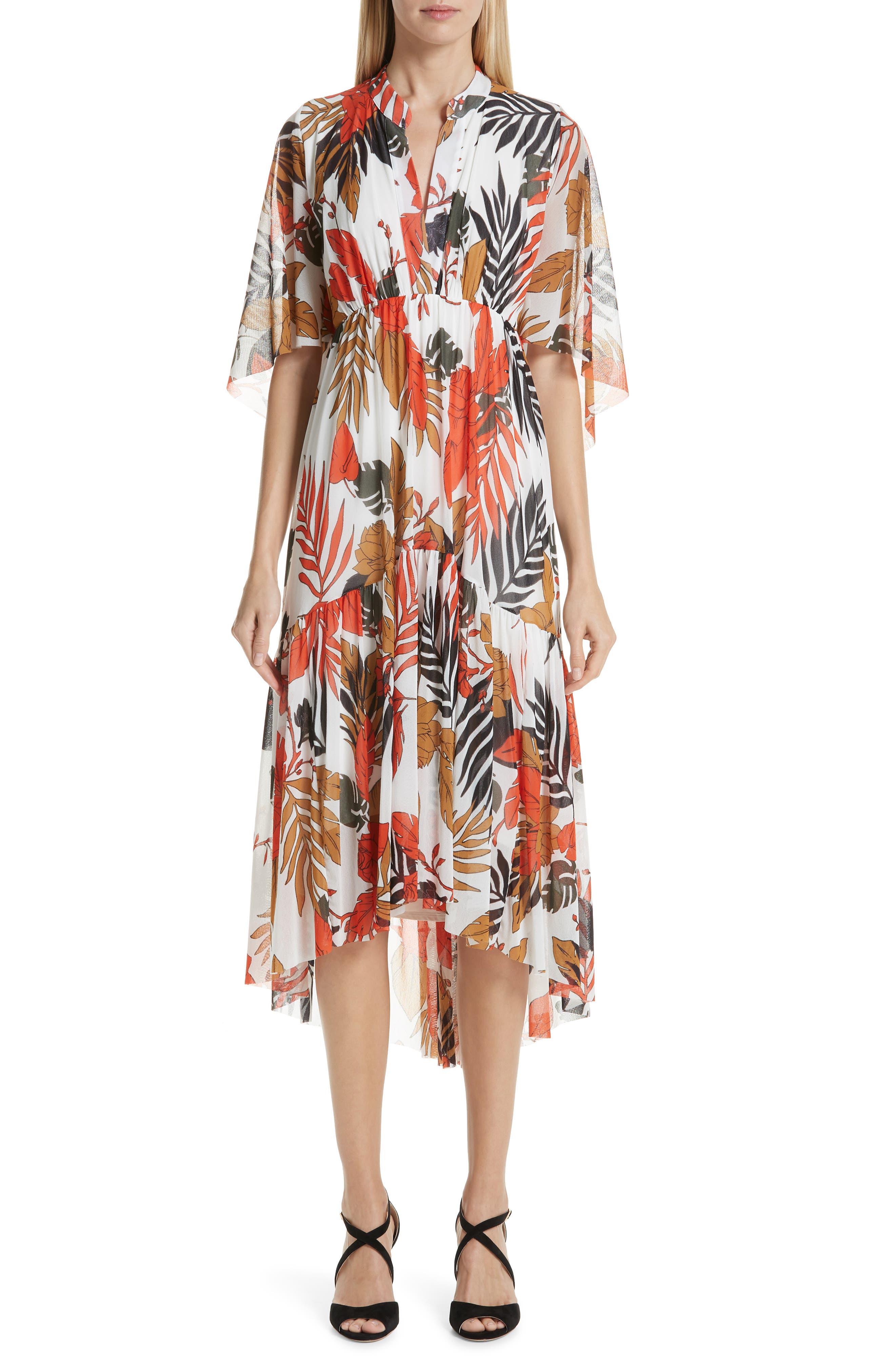 Fuzzi Palm Print High/low Hem Dress, White