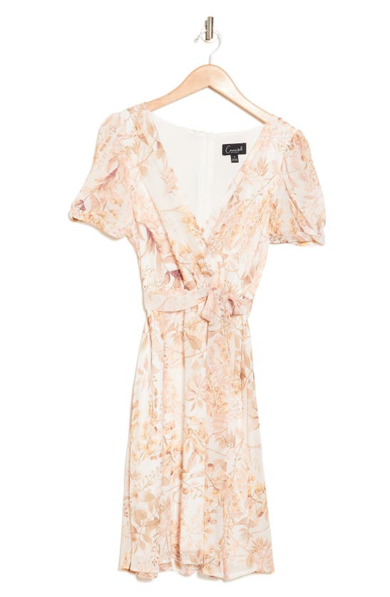 Connected Apparel Floral Tie Waist Chiffon Dress In Peach