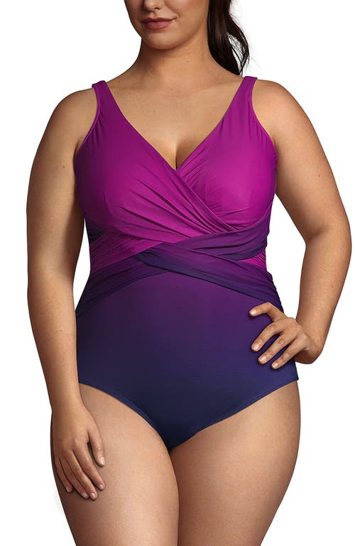 Shop Lands' End Plus Size Long Slendersuit Wrap One Piece Swimsuit With Tummy Control In Violet Rose/navy Ombre