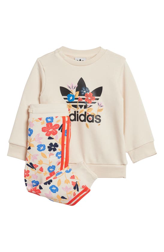 Adidas Originals Babies' Floral Crewneck Sweatshirt & Joggers Set In Neutral
