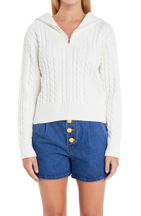 Shop English Factory Quarter Zip Cable Knit Cotton Sweater In Ivory