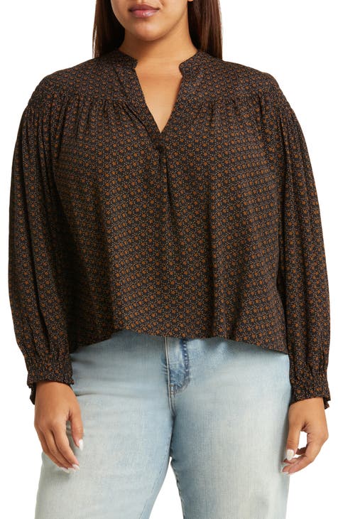 Floral Blouson Sleeve Popover Blouse (Plus Size)