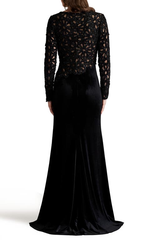 Tadashi Shoji Sequin Lace Bodice Long Sleeve Velvet Gown In Black/nude