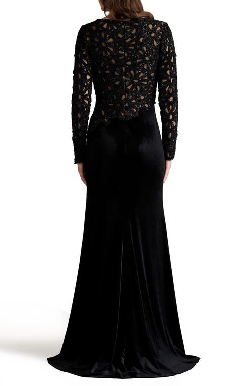 Shop Tadashi Shoji Sequin Lace Bodice Long Sleeve Velvet Gown In Black/nude