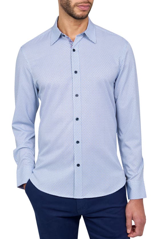 Construct Abstract Trim Fit Button Up Shirt In White/ Blue