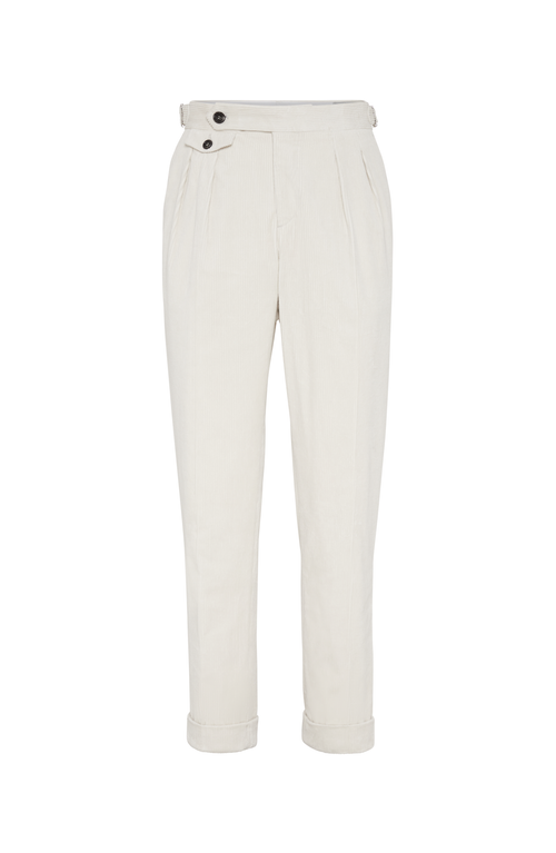 Shop Brunello Cucinelli Comfort Cotton And Cashmere Corduroy Tailor Fit Trousers With Reversed Double Ple In Chalk