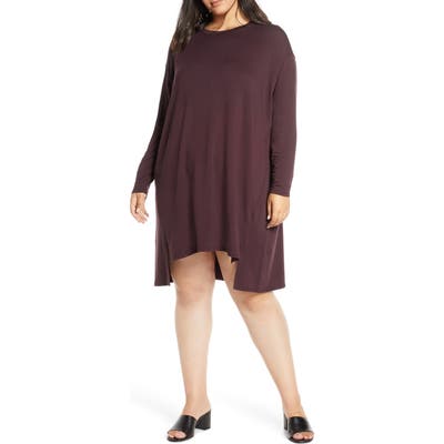 Plus Size Eileen Fisher Long Sleeve Drop Tail Hem Shift Dress, Purple