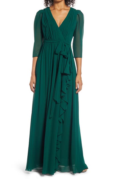 Click to view more detailed imagery on our partner's website Badgley Mischka Wrap-effect Ruffled Chiffon Gown In Dark Emerald