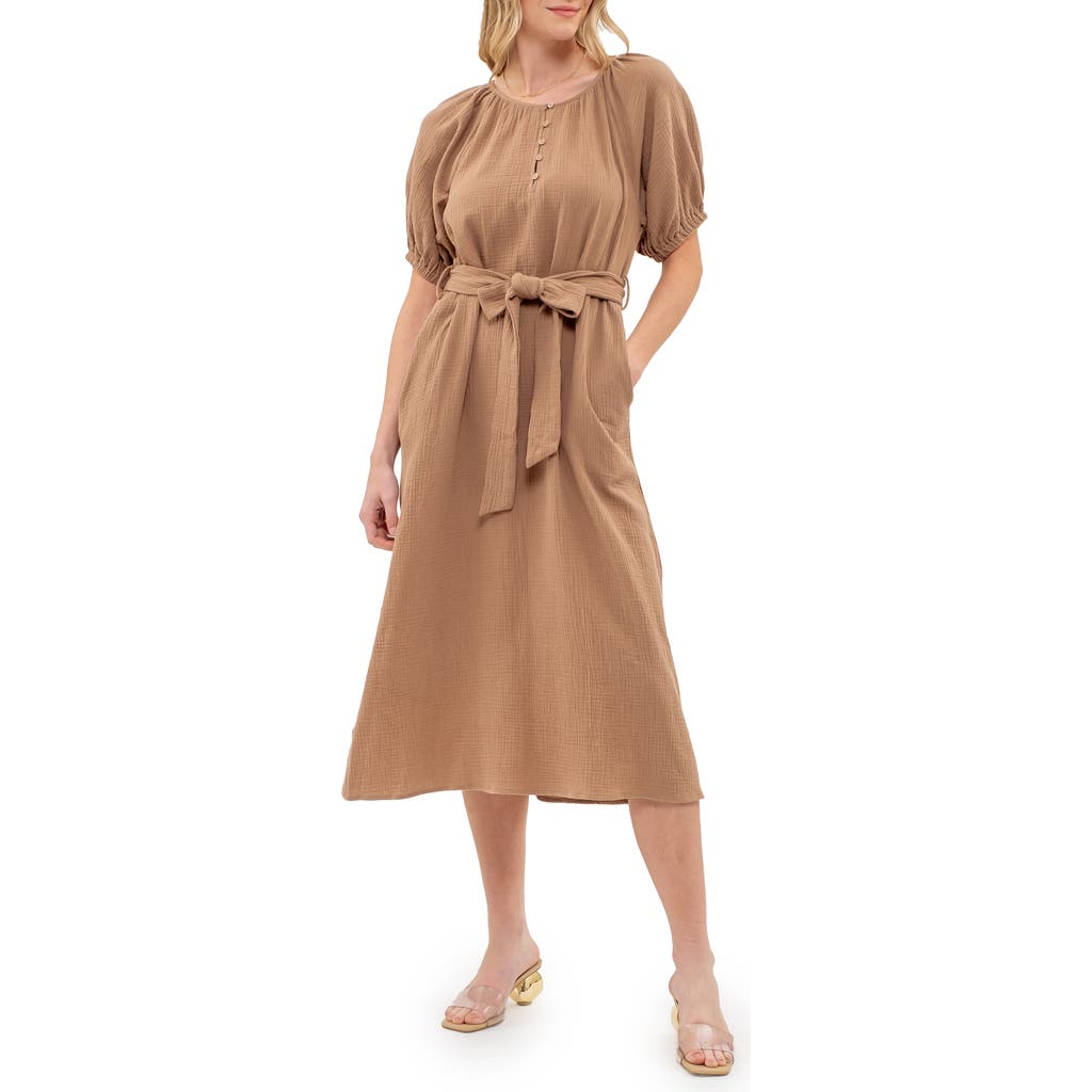 August Sky Puff Sleeve Midi Shirtdress In Tan