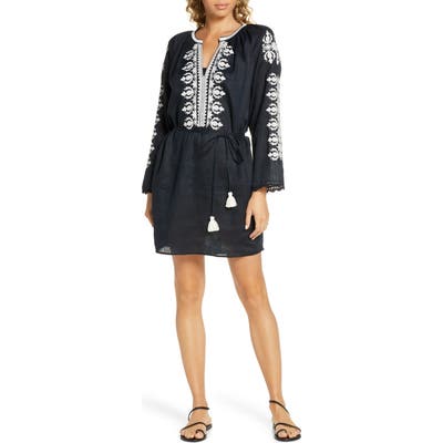 Tory Burch Embroidered Linen Cover-Up Tunic, Black