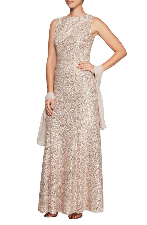 Alex Evenings Sequin Trumpet Gown With Shawl In Chai/ivory