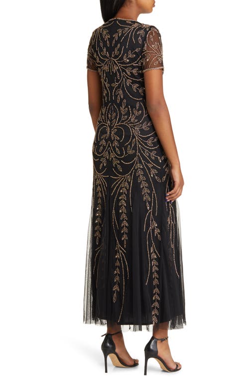 Shop Pisarro Nights Beaded Mesh Gown In Black/gold 900