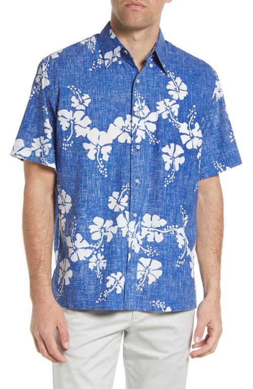 Men's 50th State Floral Print Short Sleeve Button-Up Shirt in Blue