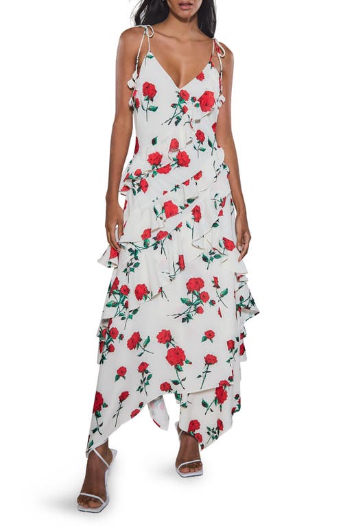 Floral Ruffle Tiered Handkerchief Hem Maxi Dress in White Floral