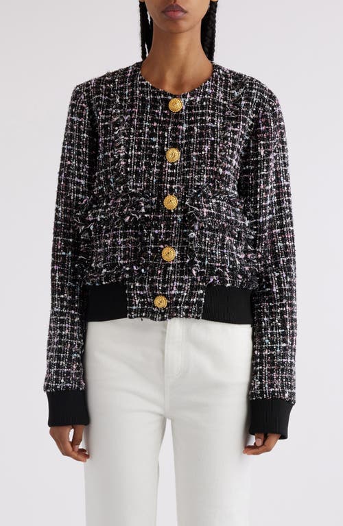 Shop Balmain Button-up Tweed Bomber Jacket In Eah Black Multi