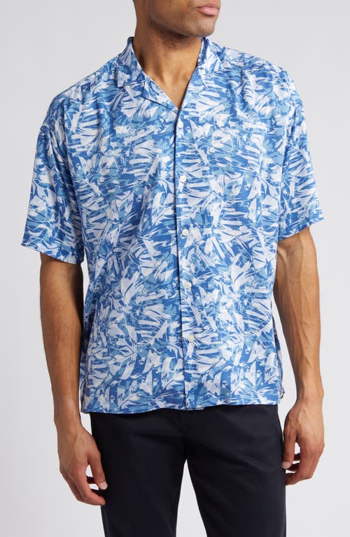 BOSS Drew Leaf Print Lyocell Camp Shirt Light Blue at Nordstrom,