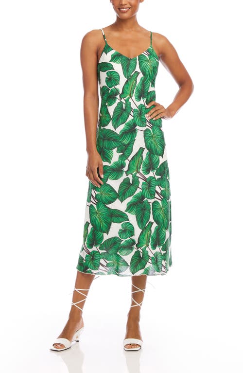 Karen Kane Palm Print Bias Cut Linen Midi Dress Green at Nordstrom,