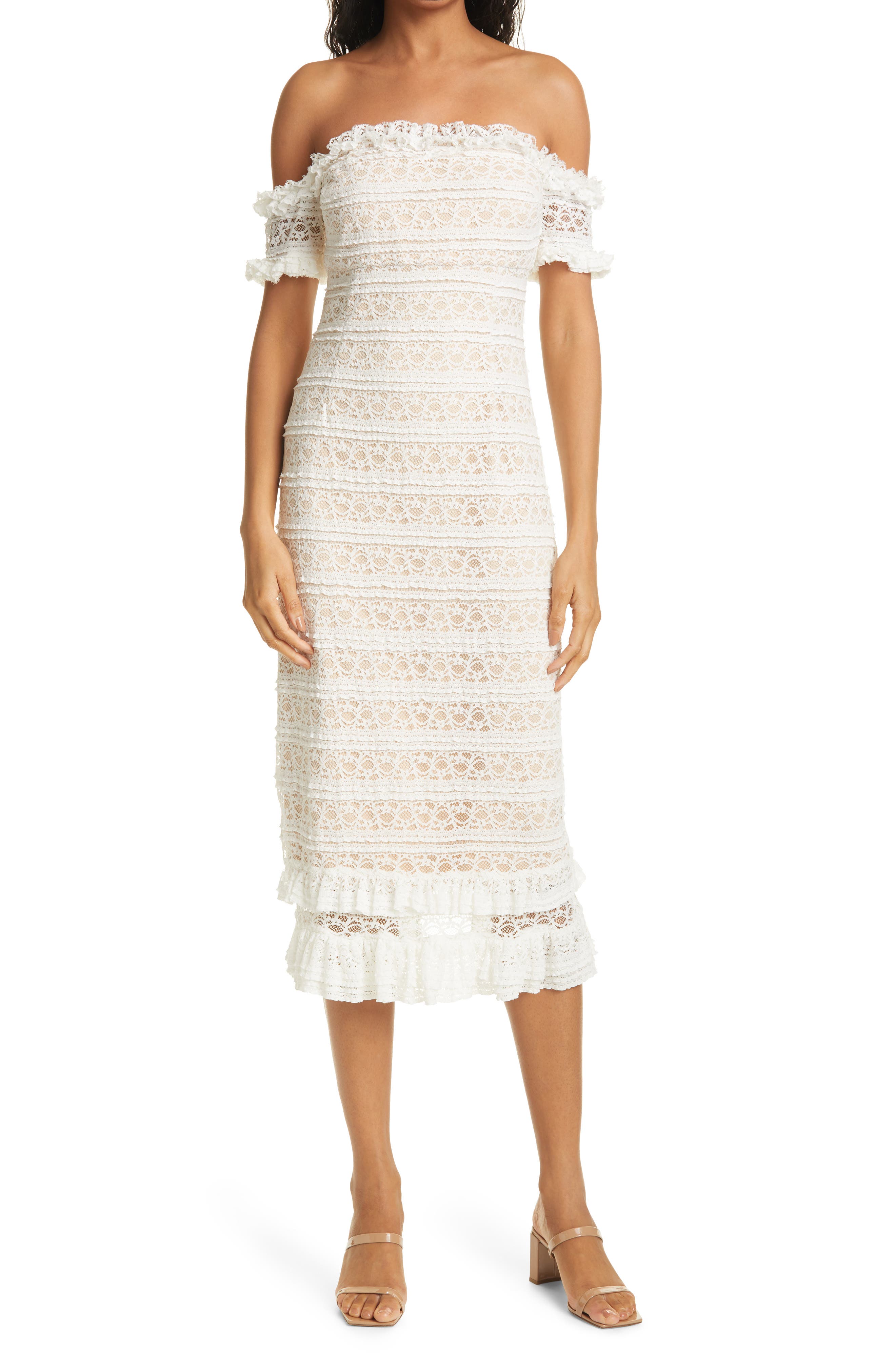 white lace off the shoulder cocktail dress