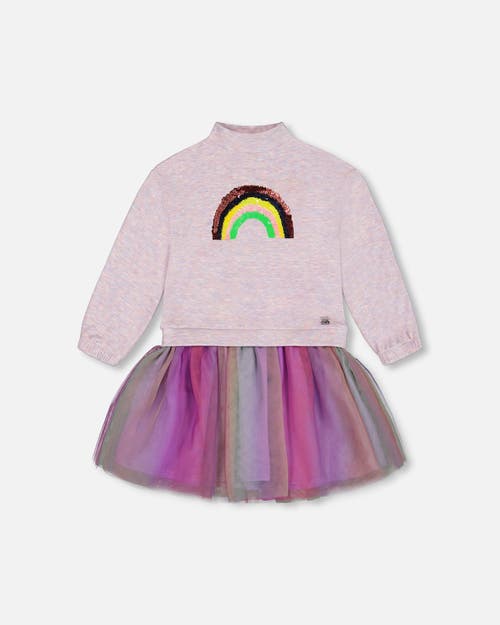 Shop Deux Par Deux Girl's Super Soft Sweatshirt Dress With Rainbow Tulle Skirt In Bougainvillea