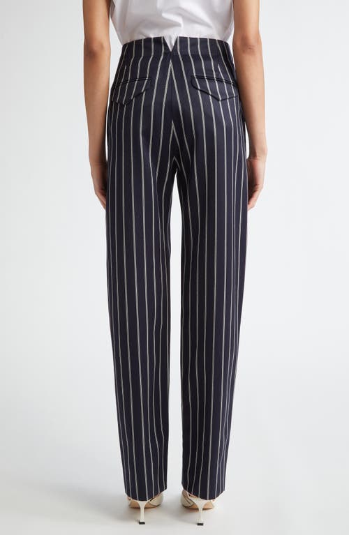 Shop Victoria Beckham Pinstripe Tapered Leg Wool & Cotton Trousers In Midnight/white