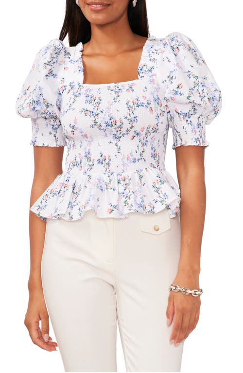 Shop Chaus Puff Sleeve Smocked Peplum Top In White/pink/blue