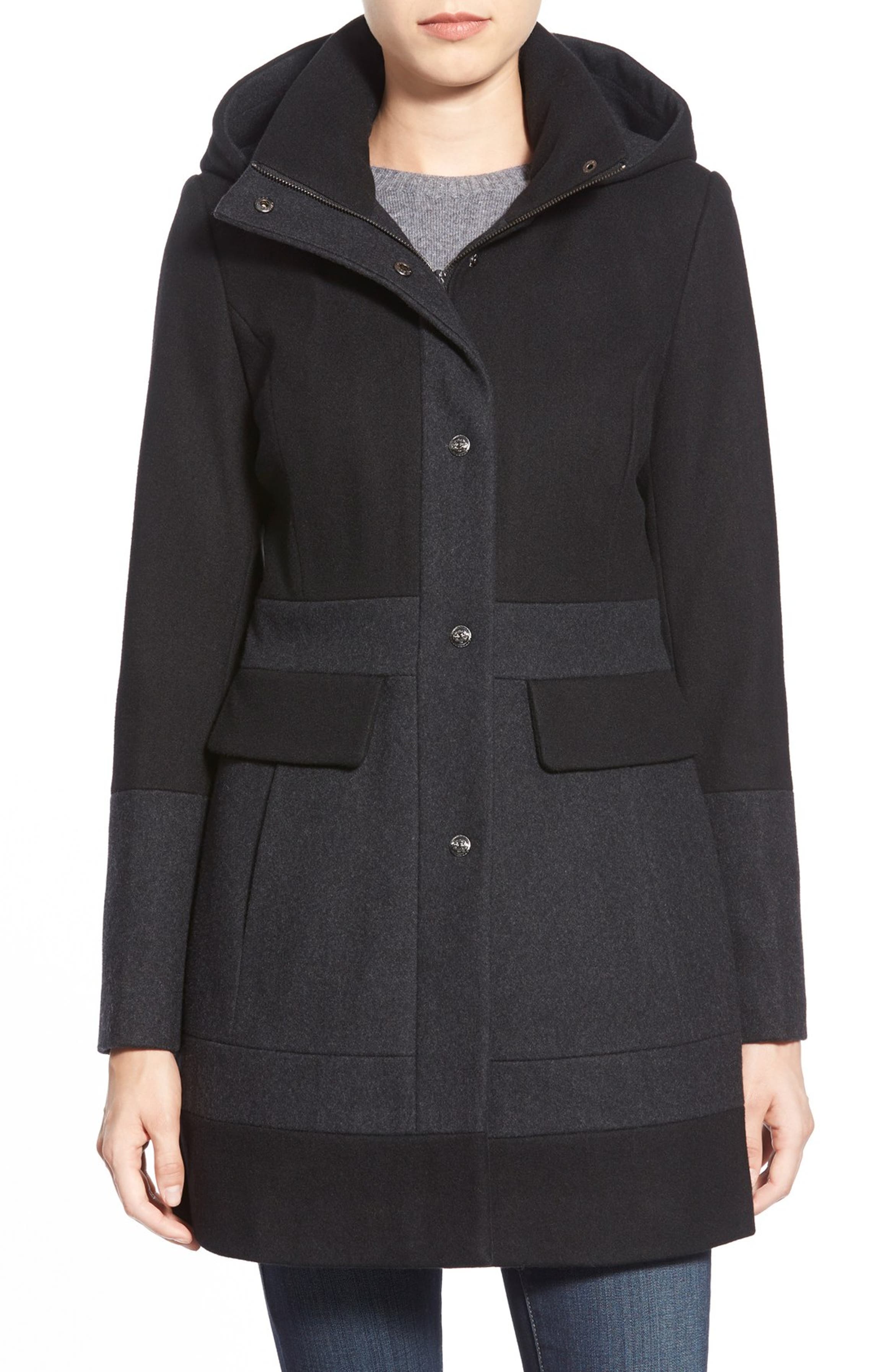 GUESS Colorblock Hooded Wool Blend Coat | Nordstrom