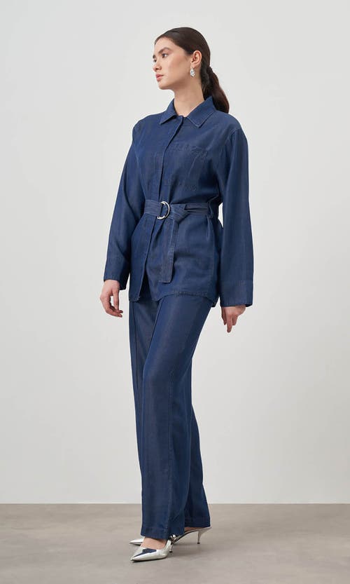 Mizalle Denim Belted Blouse In Indigo